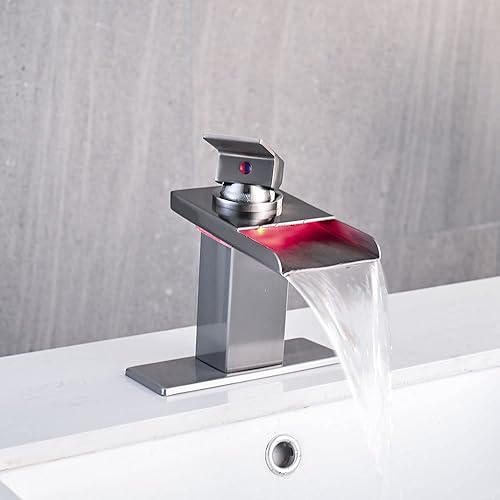 Miniatura 2 de Grifo LED para fregadero de baño, grifo de lavabo de cascada de níquel cepillado de un solo agujero con drenaje desplegable de metal y 2 líneas de
