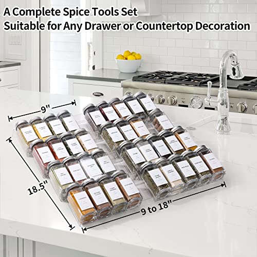 Brippo Spice Drawer Organizer with 35 Spice Jars, 328 Labels, Sift and Pour Shake Lids with Airtight Aluminium Caps, 4 Tier (2 Set) Clear Acrylic Drawer/Countertop Tray Rack with Seasoning Containers