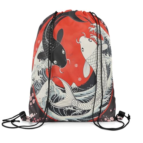Erosebridal Japanese Ukiyoe Koi Fish 13X15.7 Drawstring Bags Pink Cherry Blossom Drawstring Backpack Sea Wave Red Sun Draw String Back Bag Traditional Japanese Patterns Cinch Bag2