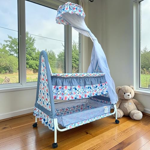 Image of Kiddery Athena Baby Cradle Bassinet | Sleep Safely & Comfortably | Mosquito Net Protection | Lightweight & Compact Design | All-Wheel Lock | Unisex | 0-10 Months | Blue
