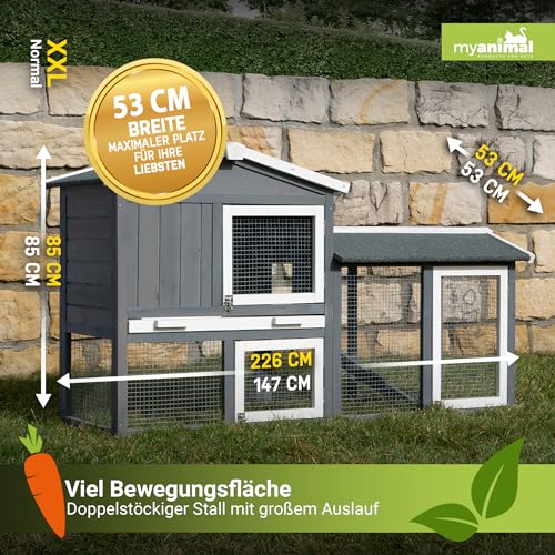 Miweba MyAnimal Hasenstall MH-03 | Kaninchenstall mit Freilaufgehege - Hasenkäfig - Kleintierkäfig - Holz imprägniert - Kaninchenkäfig Winterfest - Kleintiergehege - Käfig - Hasenhaus (Grau/Weiß)