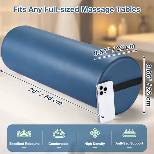 Image of PU Leather Round Bolster Pillow, 26 x 9 Inch Massage Bolsters for Under Legs with Strap Handle Massage Knee Pillow, Exercise Bolster for Legs Massage Table Roll Pillow Leg Bolster for Massage Table