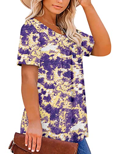 Womens Plus Size Short Sleeve Tunic Tops White Purple Henley Shirts Casual Summer Tops L #TOP2