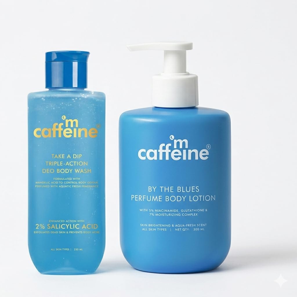 mCaffeine 2% Salicylic Acid Perfume Body Wash (250ml) + 5% Niacinamide & Glutathione Body Lotion (300ml) | Detan, Brightening & 72H Moisturization | Aqua Fresh Body ComboFor Men & Women