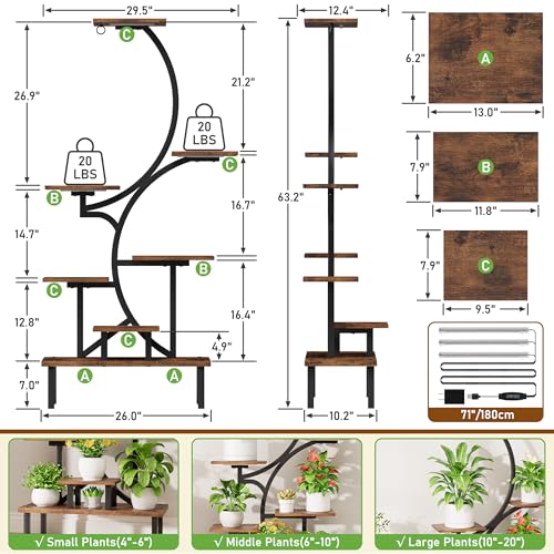 Image of Plant Stand Indoor with Grow Lights - 7-Tier Indoor Plant Shelf with Elevated Base & Hanging Hook, 63 inch Corner Plants Stands for Multiple Plant Sizes, Multi-Tiered Lighted Rack for Living Room, Black