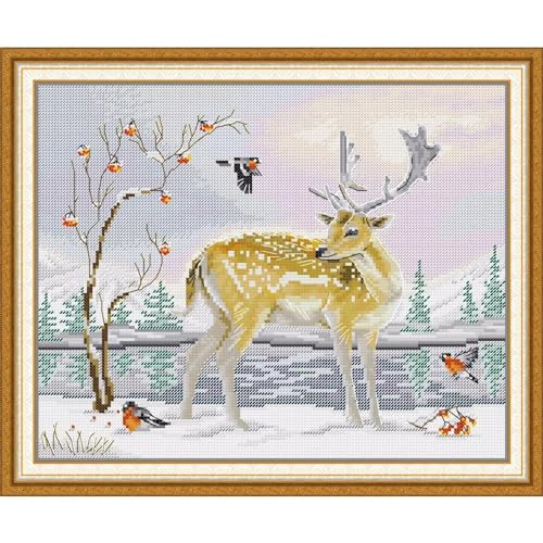 Image of ITSTITCH Stamped Cross Stitch Kits - Full Range of Embroidery Patterns for Beginners or Adults,14 CT 2 Strands DIY Counted Needlepoint Arts Craft-Deer and Birds 13.7x11.8 inch