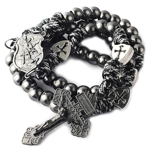 HanlinCC Large and Heavy Gun Black Metal Beads Rugged Durable Paracord Rosary Necklace with St.Michael Center Piece and Pardon Crucifix for Men (Gun Black St.Michael Paracord Rosary)