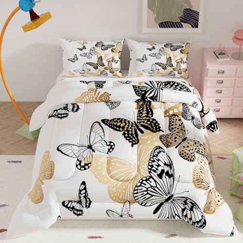 Namoxpa Butterfly Comforter Set, Gold White Pattern for Kids Teens Adults,Decorative Bedding Comforter Sets with 2 Pillow Shams, Twin Size