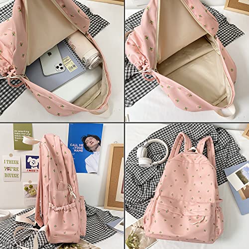 Kawaii Backpack Mori Art Floral Backpack With Pendant 16.1 Inch Aesthetic Backpack Cute Backpack Classic Casual Computer Backpack (White)3