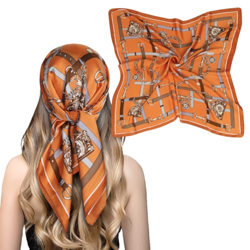 EXTREE Fashion Silky Satin Headscarf for Women Girls: Exquisite Pattern Lightweight Silk Graceful Scarfs 27.5 x 27.5 inches Token Leather Buckle Orange Bottom