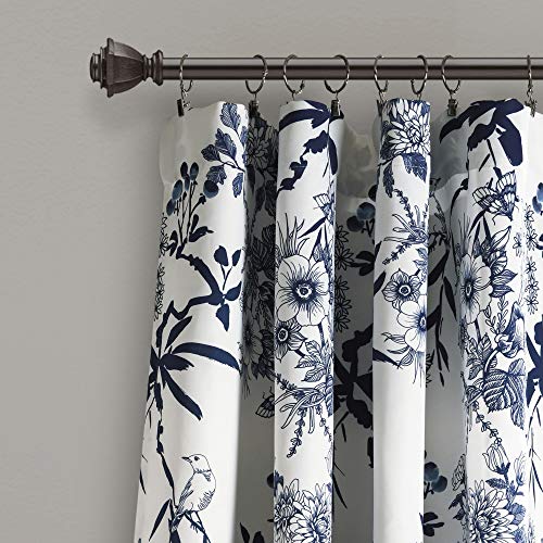 Lush Decor, Navy Botanical Garden Curtains Floral Bird Print Room Darkening Window Panel Drapes Set for Living Dining - Image 2