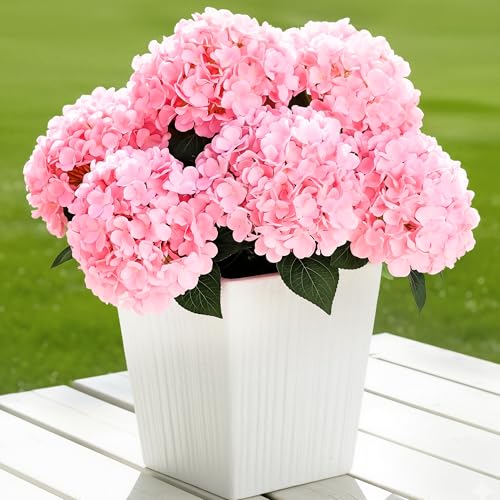 Auihiay 6 Bundles Hydrangea Artificial Flowers for Outdoors and Indoor Bulk 30 Heads UV Resistant Faux Hydrangea Flowers for Garden Porch Yard Window Box & Outdoor Wedding Decoration (Pink)