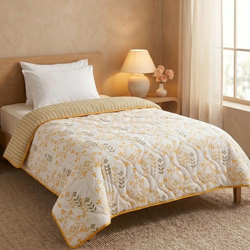 Image of HUESLAND Reversible AC Quilt Blanket Single Bed | 100% Cotton Quilted Shell, Super Soft 120 GSM Microfibre Wadding | Lightweight Comforter for All Weather Use | 55 x 88 inches, Petal