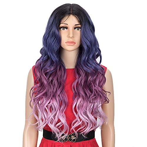 NOBLE Wigs for White Women Purple Lace Wigs for Black Women 27 Inch Long Curly Wavy Colored Wigs Middle Part Heat Resistant Synthetic Ombre Purple Wavy Wigs for Daily Party Cosplay Use