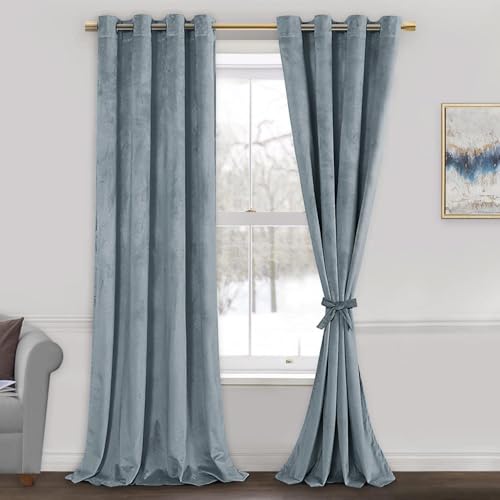 JIUZHEN Stone Blue Velvet Curtains - Super Soft Bedroom Window