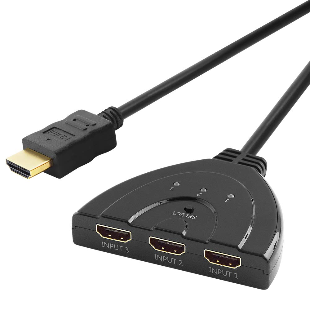 Automatische HDMI Adapter Verteiler-Box Splitter Weiche mit 20cm Kabel, 1 HDMI Stecker männlich auf 3 HDMI Buchse Kupplung weiblich vergoldet, High Speed, geeignet für 3D HD FullHD