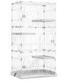 牧小苫＼ｍｓｍｒ キャットケージ 3段 幅84×奥行61×高さ164cm 猫用ケージ トレー付き 棚板・はしご付き 室内用 大型扉 組立簡単 ホワイト