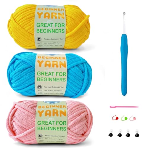 Image of 3 * 50g /1.76oz Yarn for Crocheting and Knitting, 3 * 60yds Beginner Yarn with Easy-to-See Stitches; Worsted-Weight Medium #4;Amigurumi-Friendly Crochet Kit(Yellow+Blue+Pink)