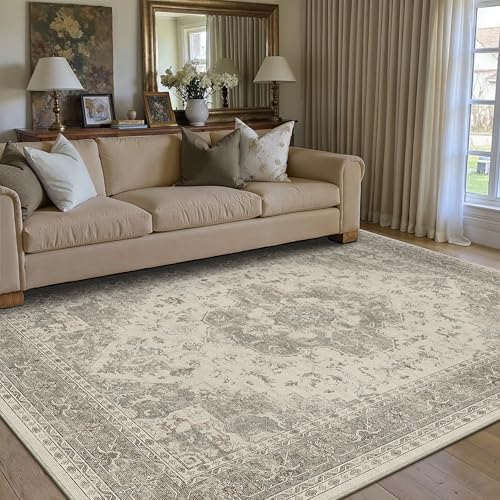 PureCozy Beige Grey Area Rug 5x7 Vintage Oriental Distressed