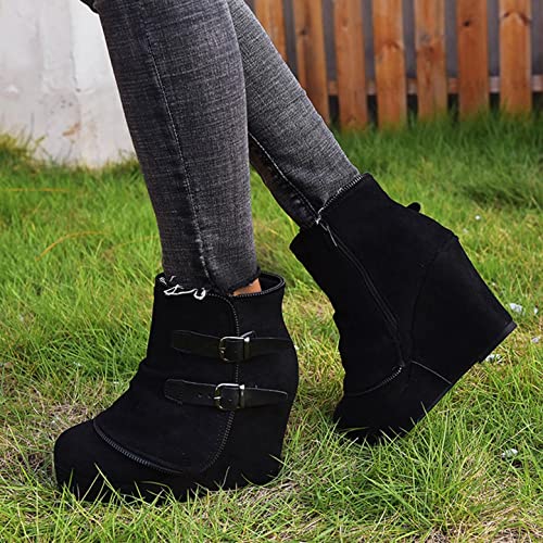 Hbeylia High Heels Boots For Women Boho Vintage Double Metal Buckle Suede Round Toe Platform Wedge Chunky Heels Ankle Booties With Side Zipper Casual Wide Mid Calf Dress Short Boots For Wedding Party3
