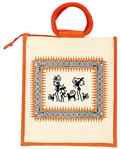 Image of Eco-Friendly Jute Bag | Printed Tiffin /Shopping /Reusable Hand Bag | With Zipper Pocket & Handle | For Men and Women (Orange)