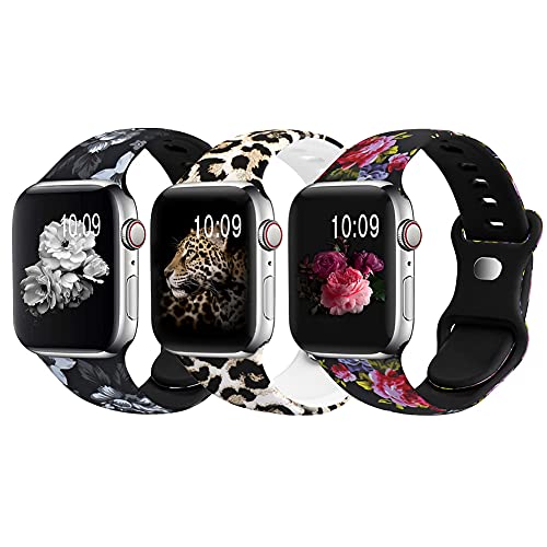 OriBear 3 Pack Bands Compatible with Apple Watch Bands 38mm 40mm 41mm for Women Girls, Cute Silicone Fadeless Floral Printed Replacement Strap for iWatch Series SE 7 6 5 4 3 2 1, Sexy Leopard