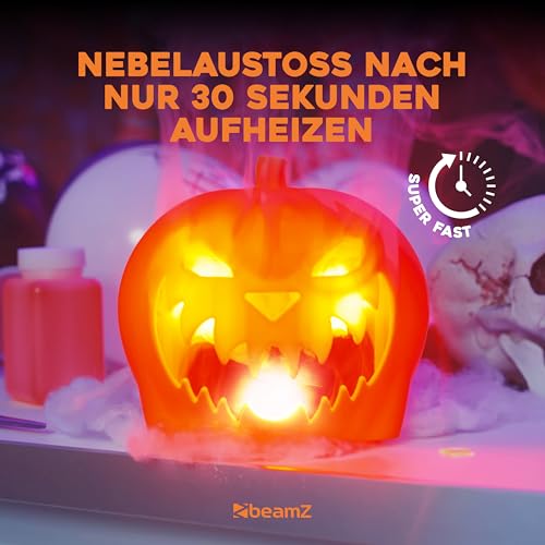 BeamZ S553L Nebelmaschine Halloween Deko mit LED Kürbis Kopf - 550 Watt Rauchmaschine mit 2L Flüssigkeit, 2-in-1 mit Halloween Kürbis Deko, 16 Farben Lichteffekt, Soundeffekt Nebelmaschine Mini