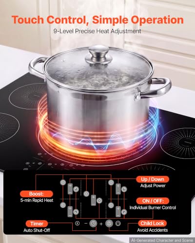 Image of VEVOR Built in Electric Stove Top,Electric Induction Cooktop 36In 5 Burners, Induction Cooktop, Touch & Independent Control, 9 Power Levels, Easy-Clean Ceramic Glass, Child Lock, 9200W, 220V No Plug