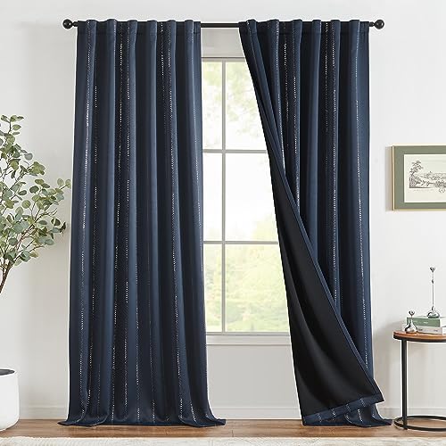 TOPICK Boho Verdunkelungsvorhänge Silber Punkte Folie Bedruckte Vorhänge mit Schlaufen hintere Verdunkelung Wärmeschutzvorhang Thermovorhang für Kinderzimmer Fenstervorhänge 2er Set 132 * 245 Blau