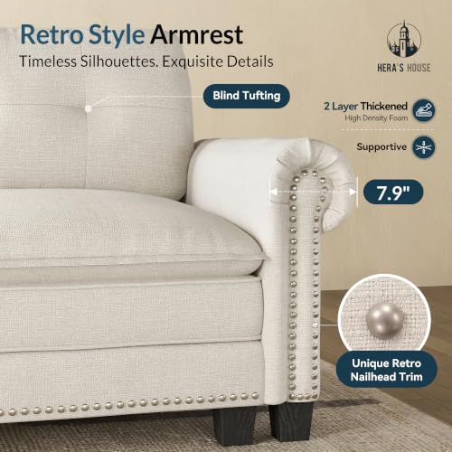 Image of HERA'S HOUSE 150 inch Oversized U Shaped Modular Sectional Couch Living Room | Mid-Century Modern 6-Seater Cloud Sofa, Beige, Rolled Arms & Nailhead Trim, Wider & Deeper Seats, Ottoman, Linen