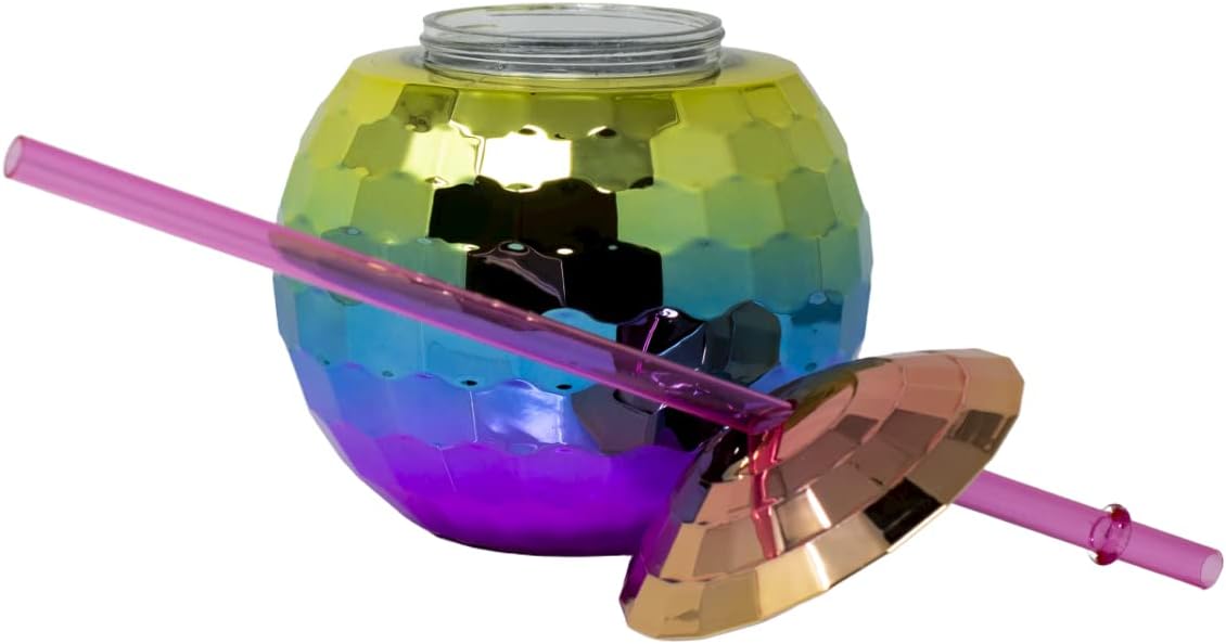 Bolaras Rainbow Disco Ball Cups (12 Pack) with Name Tags, Lids, and Straws, Cocktail Cup for Bachelorette Party Decorations, Disco Ball Cup for Parties Bulk, Glass for Vacation