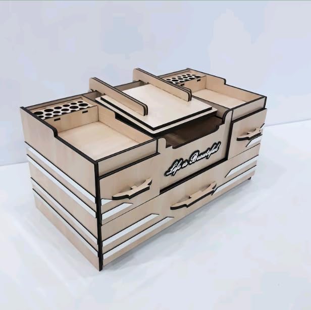 Image of Wooden Makeup Organizer Box with Drawers & Mirror | Vanity Station | Large Capacity Cosmetic Storage Case for Makeup, 38.2x20x19 cm, White