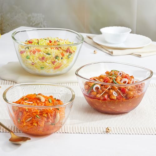 Image of Borosil Square Shape Serving & Mixing Bowl | Borosilicate Glass Bowl for Kitchen & Dinning | Bowl for Mixing Dough, Salad, Batter | Microwave & Dishwasher Safe | Transparent (500ml + 780ml + 1.1 L)