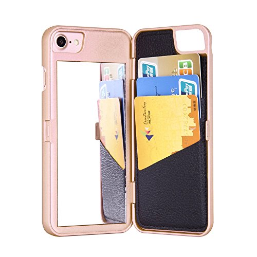 iPhone 7 Case- SUNYI iPhone 7 Mirror Case, Fashion Hidden Mirror Wallet Cover Card Slots Stand Feature Premium PU Leather Watering Grain PC Phone Back Cover Case for iPhone 7 (Rose Gold)