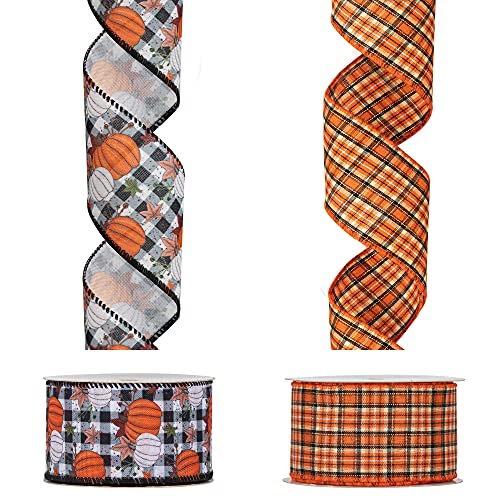 Kingyee Herbstband mit Draht, orangefarbenes Kürbis-kariertes Band, 20 Yard, 6,3 cm für Schleifen, Halloween-Kranz, Girlande, Handwerk, Dekoration Cover