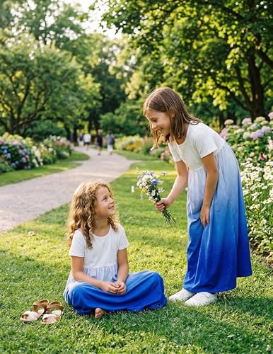 Image of Arshiner Girls Maxi Dress Long /Short Sleeve Casual Holiday Dress with Pockets for 5-13 Years