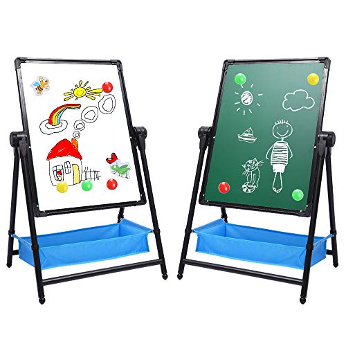 Arkmiido Pizarra Madera, Pizarra Magnetica Infantil, Caballete de Doble Cara para niños, Pizarra Blanca con Soporte Ajustable y Giro 360 Grados y Letras y números magnéticos (Negro Recto)