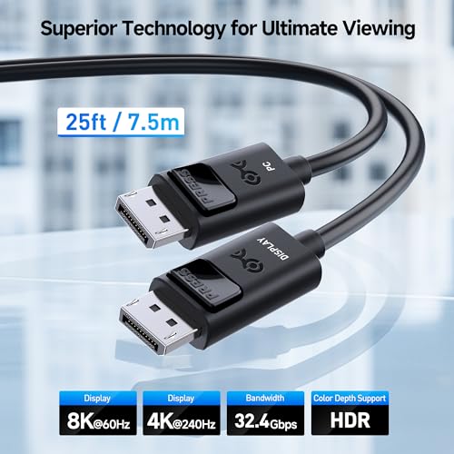 Cable Matters Unidirectional 32.4Gbps Active DisplayPort 1.4 Cable 25ft, 8K 60Hz / 4K 240Hz DisplayPort Cable 1.4 with HDR for Gaming Monitor, PC, RTX 3080/3090, RX 6800/6900 and More