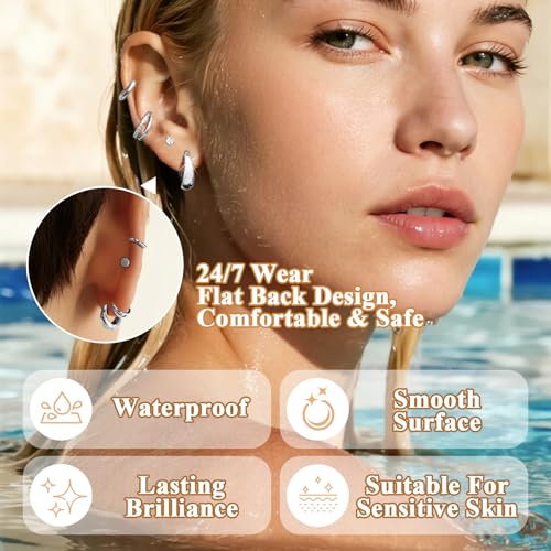 4 Pairs Gold/Silver Hoop Earrings Set for Women 14K Gold Plated Hypoallergenic Surgical Steel Lightweight Cartilage Studs Earrings,Dainty Small Stackable Thick Trendy Jewelry For Sensitive Ears4