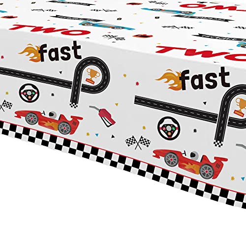 Image of Xigejob Race Car Two Fast Birthday Tablecloth Decorations, Disposable Race Car 2nd Birthday Party Table Cover Supplies, 3 Pack, 54in x 108in