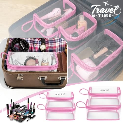 Image of Storite Set of 4 PVC Travel Pouch Multipurpose Waterproof Cosmetic & Toiletry Bags with Zipper for Makeup, Stationery & Accessories - Transparent Pink