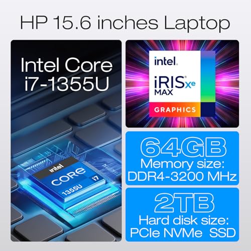 Image of HP 15.6 inch Full HD Touchscreen Business Laptop, Intel Core i7-1355U, 64GB DDR4 RAM, 2TB SSD, Windows 11 Pro Copilot AI,Numeric Keypad,Fast Charge, Office 365 for The Web with Laptop KB Kit