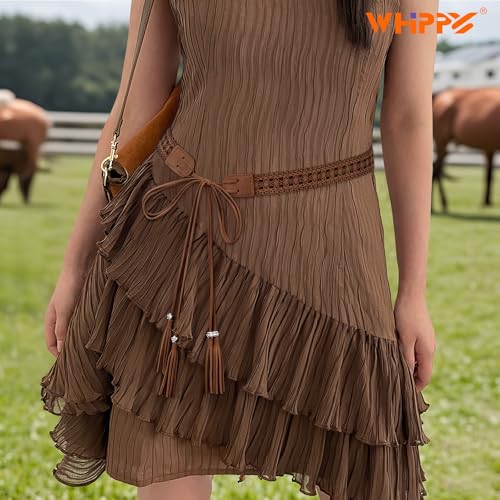 WHIPPY Boho Braid Skinny Belt for Cowgirl Western Ethnic Women Dress Belt Vintage Hand-Woven Waistband with Wax Rope Tassels3