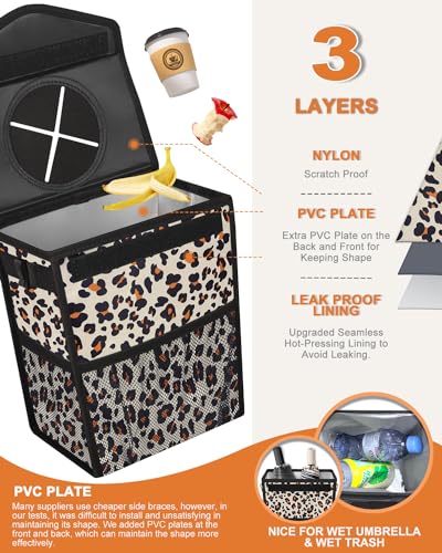Image of Pritent Car Trash Can with Lid, Cute Leakproof Car Trash Garbage Bag Hanging Vehicle Trash Bin Small Portable Automotive Garbage Cans Organizer for Back /Front Seat(Trapezoid,Leopard