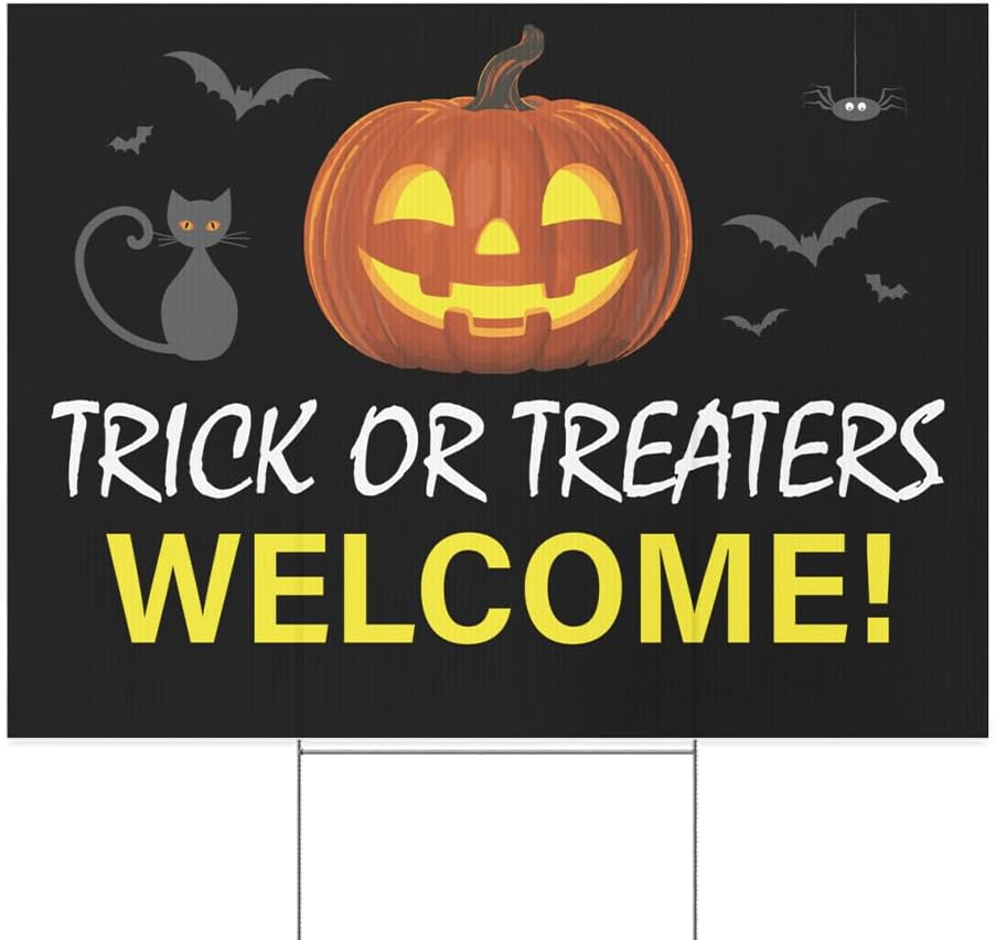 Halloween Themed Yard Signs - Metal Stake Included Large 24x18 Inches Double Sided Lawn Sign (Welcome Trick Or Treaters 2)