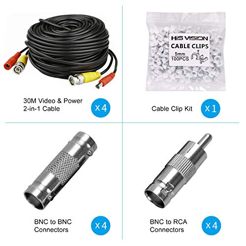Hisvision 4 Pack 100Ft Bnc Video Power Cable, Security Camera Wire Cord Extension Cable With 8Pcs Bnc Connectors And 100Pcs Cable Clips For Cctv Dvr Surveillance System #TOP3