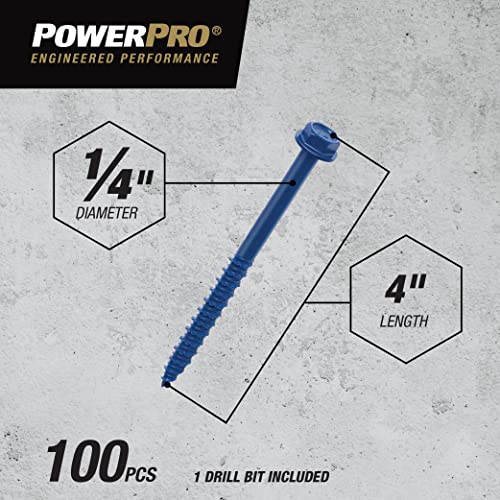Power Pro Blue Hex Washer-Head Concrete Screw Anchors (1/4" X 4") - 100 Pc #TOP2