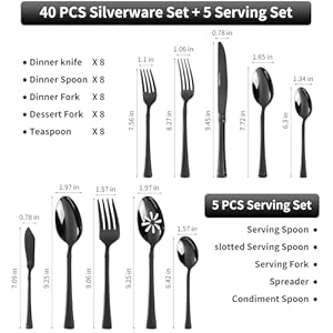 Black Silverware Set Service for 8, 18/10 Stainless Steel, 45 Piece Set, Flatware Cutlery Set with Serving Utensils, Mirror Polished Black Silverware Set Service for 8 1810 Stainless Steel 45 Piece Set Flatware Cutlery Set with Serving Utensils Mirror Polished