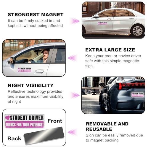 Image of 3PCS Magnetic Student Driver Sticker, Student Driver Sticker Magnet for Car, Thanks for Your Patience, Safety Warning Reflective Bumper Stickers, Pink Car Accessories for Women Drivers