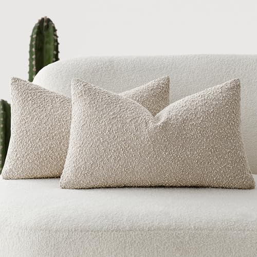 Image of Foindtower Pack of 2 Textured Boucle Throw Pillow Covers Accent Solid Lumbar Pillow Cases Cozy Soft Decorative Couch Cushion Case for Chair Sofa Bedroom Living Room Home Decor, 12 x 20 Inch,Oatmeal